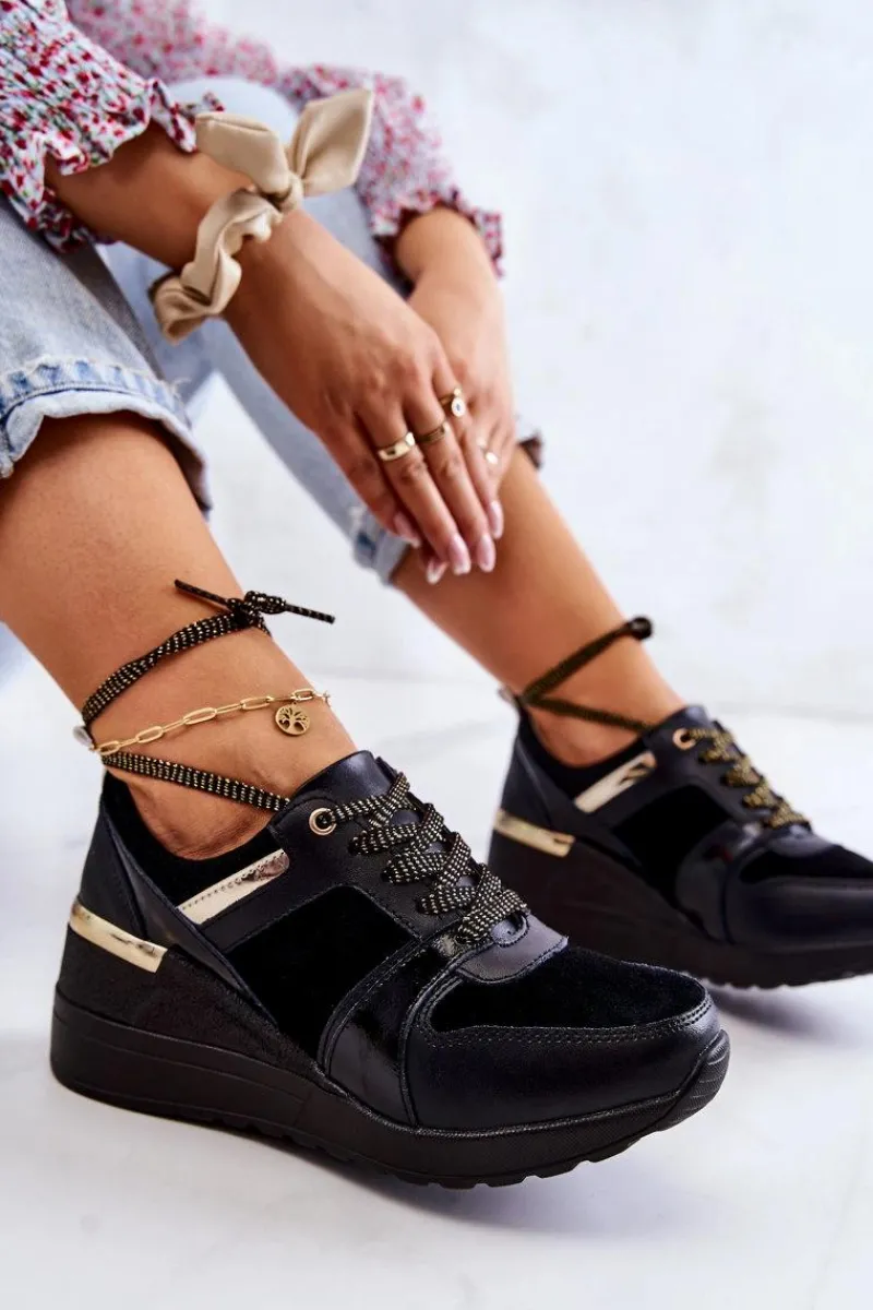 Sneakersy Damskie>Damskie buty S.Barski Damskie Zamszowe Buty Sportowe Na Koturnie Czarne Larson Czarny