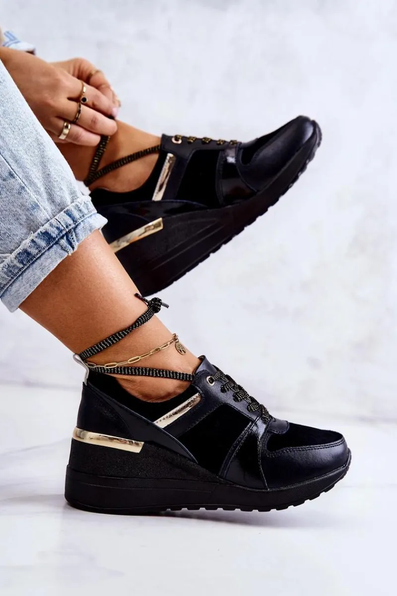 Sneakersy Damskie>Damskie buty S.Barski Damskie Zamszowe Buty Sportowe Na Koturnie Czarne Larson Czarny