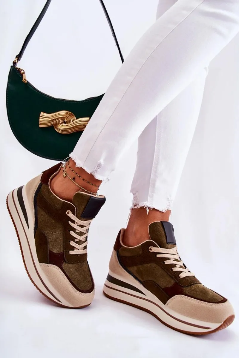 Sneakersy Damskie>Boto Damskie Zamszowe Buty Sportowe Zielono-Beżowe Elisse