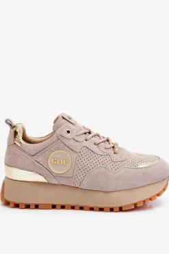 Hot Damskie Zamszowe Buty Sportowe Na Platformie LL2N4001 Beżowe Damskie Sneakersy Damskie