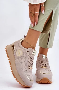 Hot Damskie Zamszowe Buty Sportowe Na Platformie LL2N4001 Beżowe Damskie Sneakersy Damskie