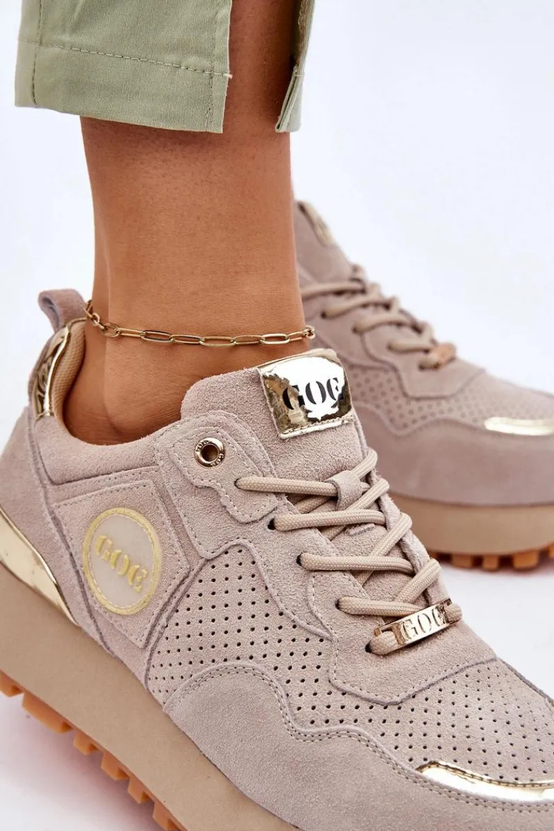 Hot Damskie Zamszowe Buty Sportowe Na Platformie LL2N4001 Beżowe Damskie Sneakersy Damskie