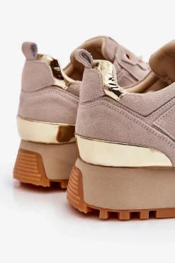 Hot Damskie Zamszowe Buty Sportowe Na Platformie LL2N4001 Beżowe Damskie Sneakersy Damskie