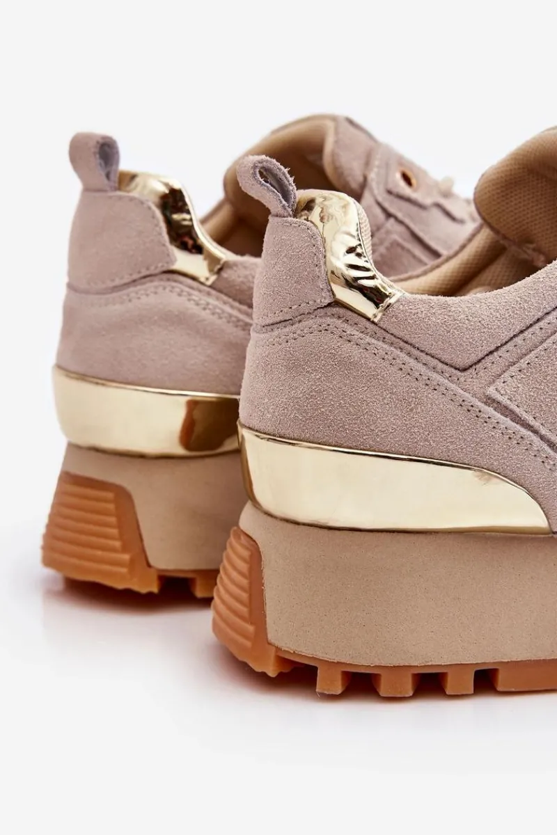 Hot Damskie Zamszowe Buty Sportowe Na Platformie LL2N4001 Beżowe Damskie Sneakersy Damskie