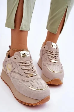 Hot Damskie Zamszowe Buty Sportowe Na Platformie LL2N4001 Beżowe Damskie Sneakersy Damskie