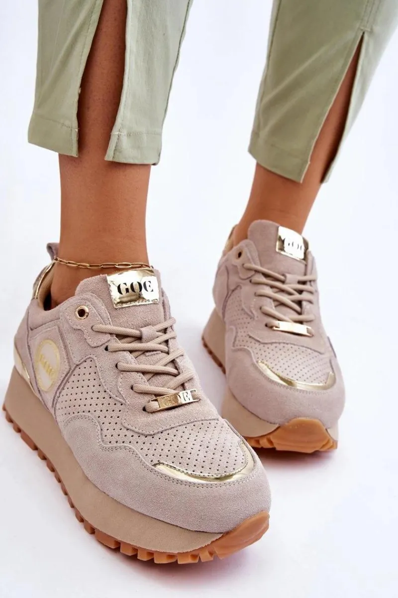 Hot Damskie Zamszowe Buty Sportowe Na Platformie LL2N4001 Beżowe Damskie Sneakersy Damskie