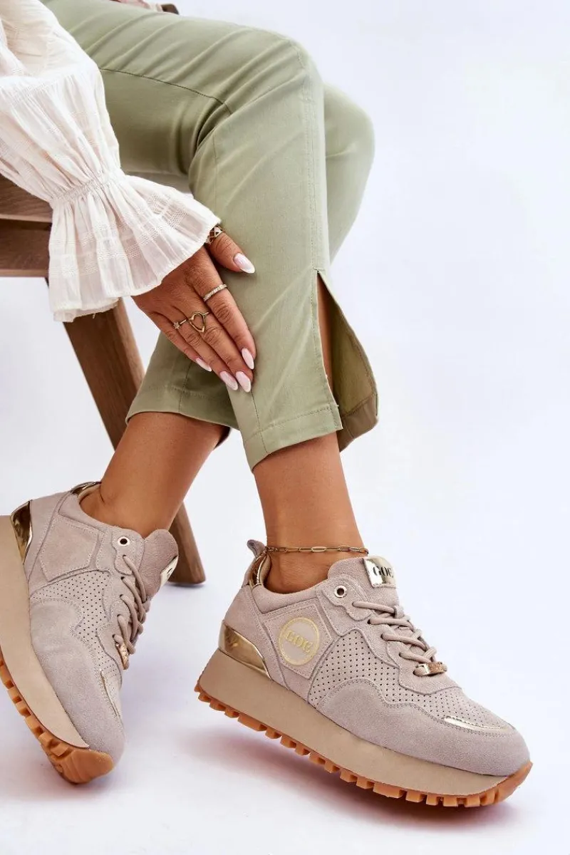 Hot Damskie Zamszowe Buty Sportowe Na Platformie LL2N4001 Beżowe Damskie Sneakersy Damskie