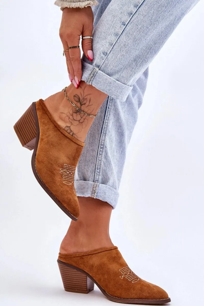 Online Boto Damskie Zamszowe Klapki Kowbojki Camel Romina