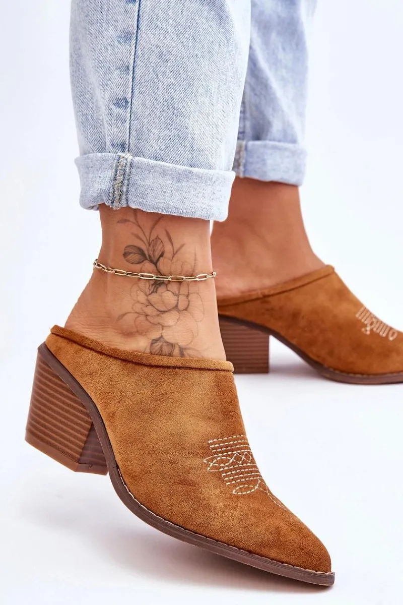 Online Boto Damskie Zamszowe Klapki Kowbojki Camel Romina