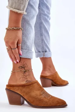 Online Boto Damskie Zamszowe Klapki Kowbojki Camel Romina