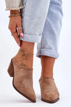 Klapki Damskie Klasyczne>Boto Damskie Zamszowe Klapki Kowbojki Beżowe Romina