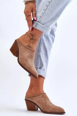 Klapki Damskie Klasyczne>Boto Damskie Zamszowe Klapki Kowbojki Beżowe Romina