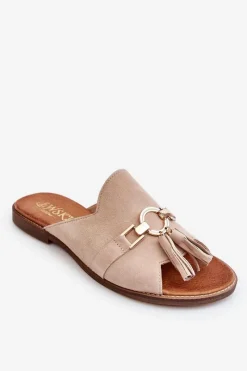Discount Damskie Zamszowe Klapki Lewski Shoes 3226 Beżowe Damskie Klapki Damskie Klasyczne