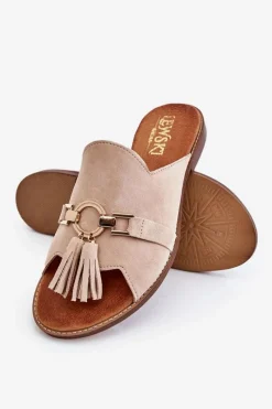 Discount Damskie Zamszowe Klapki Lewski Shoes 3226 Beżowe Damskie Klapki Damskie Klasyczne