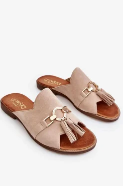 Discount Damskie Zamszowe Klapki Lewski Shoes 3226 Beżowe Damskie Klapki Damskie Klasyczne