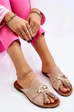 Discount Damskie Zamszowe Klapki Lewski Shoes 3226 Beżowe Damskie Klapki Damskie Klasyczne