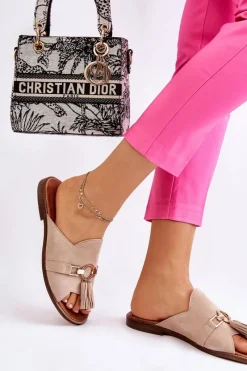 Discount Damskie Zamszowe Klapki Lewski Shoes 3226 Beżowe Damskie Klapki Damskie Klasyczne