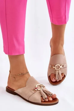 Discount Damskie Zamszowe Klapki Lewski Shoes 3226 Beżowe Damskie Klapki Damskie Klasyczne