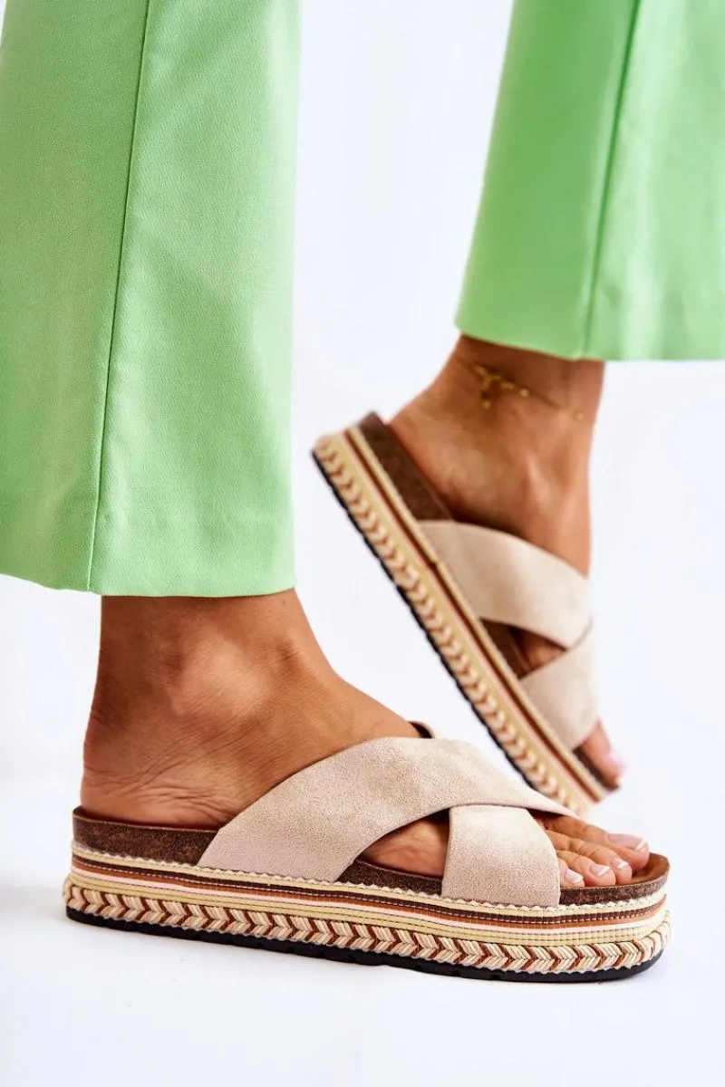 Boto Damskie Zamszowe Klapki Na Platformie Beżowe Jossie