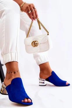 New Damskie Zamszowe Klapki Na Obcasie Granatowe Marine Damskie Klapki Na Obcasie|Klapki Damskie Klasyczne