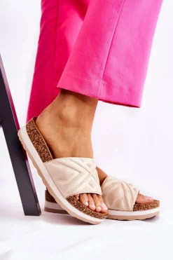 New Damskie Zamszowe Klapki Na Masywnej Platformie Beżowe Heritta Damskie Klapki Na Platformie|Klapki Damskie Klasyczne