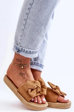 Best Boto Damskie Zamszowe Klapki Z Kokardą Camel Fency