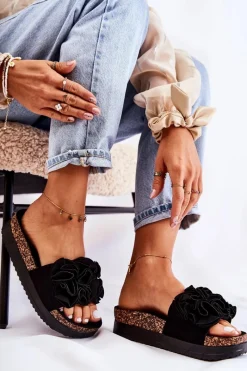 New Damskie Zamszowe Klapki Z Ozdobą Czarne Nemis Damskie Klapki Damskie Klasyczne