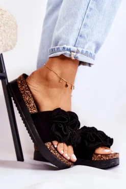 New Damskie Zamszowe Klapki Z Ozdobą Czarne Nemis Damskie Klapki Damskie Klasyczne