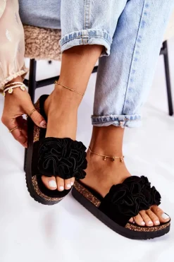 New Damskie Zamszowe Klapki Z Ozdobą Czarne Nemis Damskie Klapki Damskie Klasyczne
