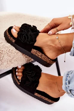 New Damskie Zamszowe Klapki Z Ozdobą Czarne Nemis Damskie Klapki Damskie Klasyczne