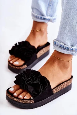 New Damskie Zamszowe Klapki Z Ozdobą Czarne Nemis Damskie Klapki Damskie Klasyczne