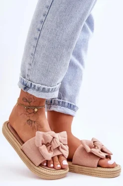 Outlet Damskie Zamszowe Klapki Z Kokardą Różowe Fency Damskie Klapki Damskie Klasyczne