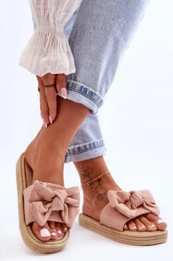 Outlet Damskie Zamszowe Klapki Z Kokardą Różowe Fency Damskie Klapki Damskie Klasyczne