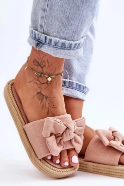 Outlet Damskie Zamszowe Klapki Z Kokardą Różowe Fency Damskie Klapki Damskie Klasyczne