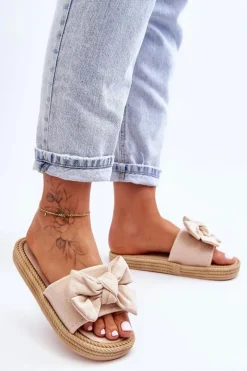 Klapki Damskie Klasyczne>Boto Damskie Zamszowe Klapki Z Kokardą Beżowe Fency