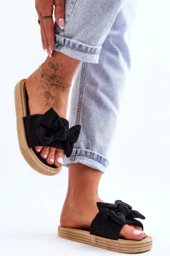 Klapki Damskie Klasyczne>Boto Damskie Zamszowe Klapki Z Kokardą Czarne Fency