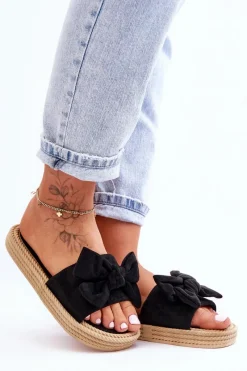 Klapki Damskie Klasyczne>Boto Damskie Zamszowe Klapki Z Kokardą Czarne Fency