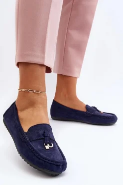 Sale Boto Damskie Zamszowe Klasyczne Mokasyny Granatowe Ontala Niebieski