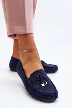 Sale Boto Damskie Zamszowe Klasyczne Mokasyny Granatowe Ontala Niebieski