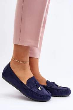 Sale Boto Damskie Zamszowe Klasyczne Mokasyny Granatowe Ontala Niebieski
