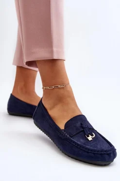 Sale Boto Damskie Zamszowe Klasyczne Mokasyny Granatowe Ontala Niebieski