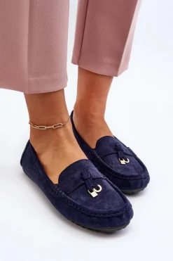 Sale Boto Damskie Zamszowe Klasyczne Mokasyny Granatowe Ontala Niebieski