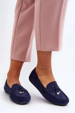 Sale Boto Damskie Zamszowe Klasyczne Mokasyny Granatowe Ontala Niebieski