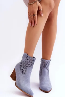 Botki Wiosenne|Botki Na Słupku>Boto Damskie Zamszowe Kowbojki Botki Na Słupku Jasnoniebieskie Norvella