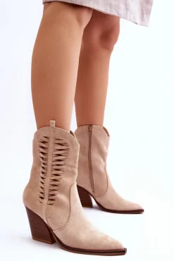 Boto Damskie Zamszowe Kowbojki Botki Na Suwak Beżowe Lanna