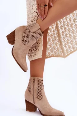 Clearance Damskie Zamszowe Kowbojki Botki Na Słupku Beżowe Norvella Damskie Botki Wiosenne|Botki Na Słupku