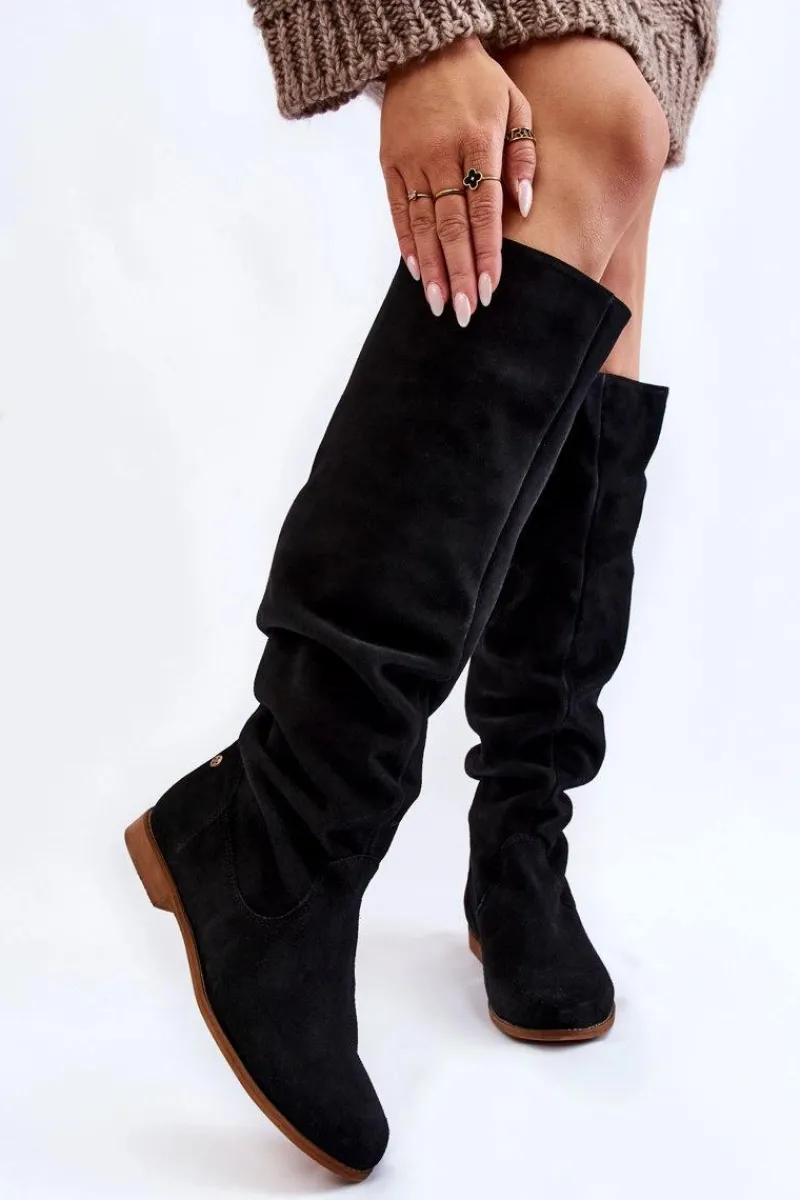 Online Damskie Zamszowe Kozaki Do Kolan 05790-01 Czarne Damskie Kozaki Wiosenne|Kozaki Płaskie