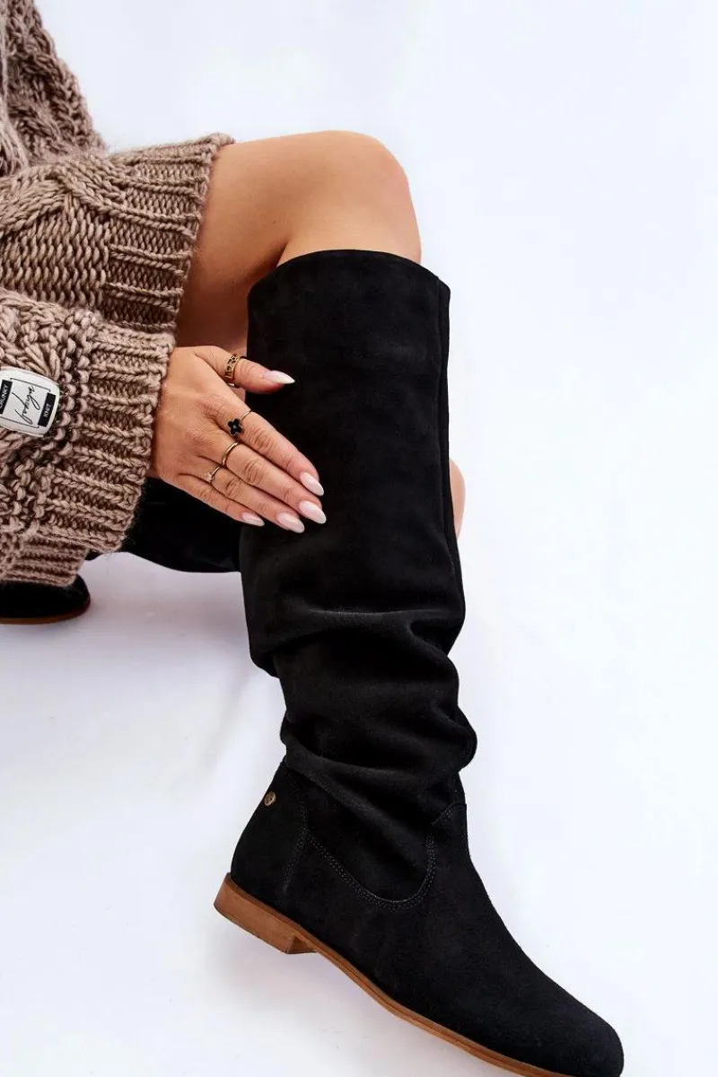 Online Damskie Zamszowe Kozaki Do Kolan 05790-01 Czarne Damskie Kozaki Wiosenne|Kozaki Płaskie