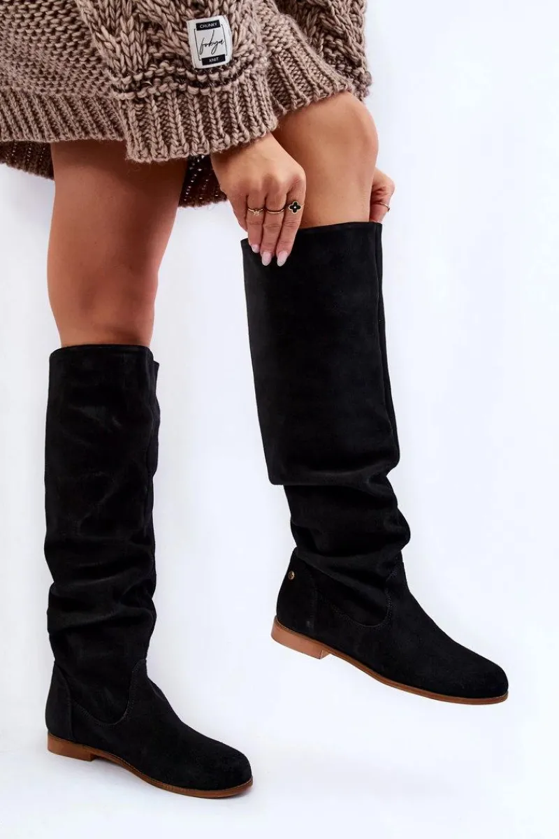 Online Damskie Zamszowe Kozaki Do Kolan 05790-01 Czarne Damskie Kozaki Wiosenne|Kozaki Płaskie