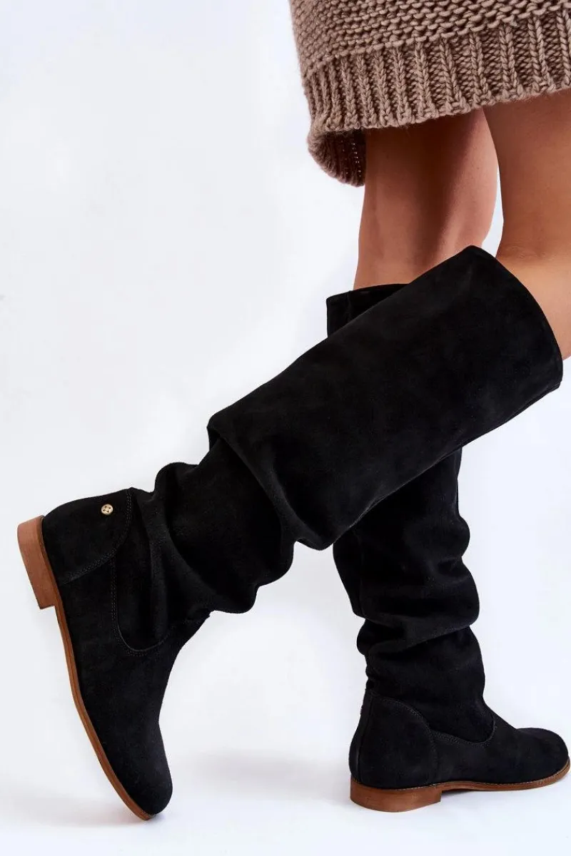 Online Damskie Zamszowe Kozaki Do Kolan 05790-01 Czarne Damskie Kozaki Wiosenne|Kozaki Płaskie